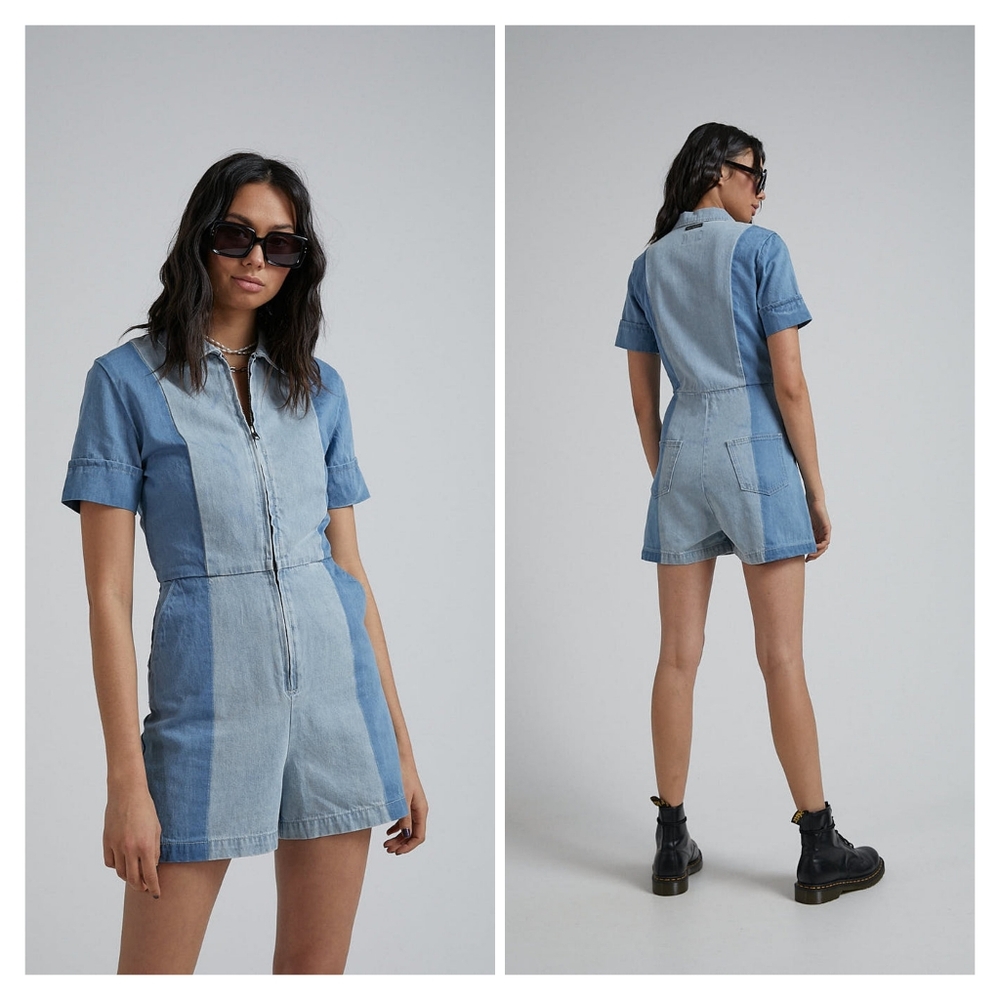 Panel Denim Romper - Light Blue